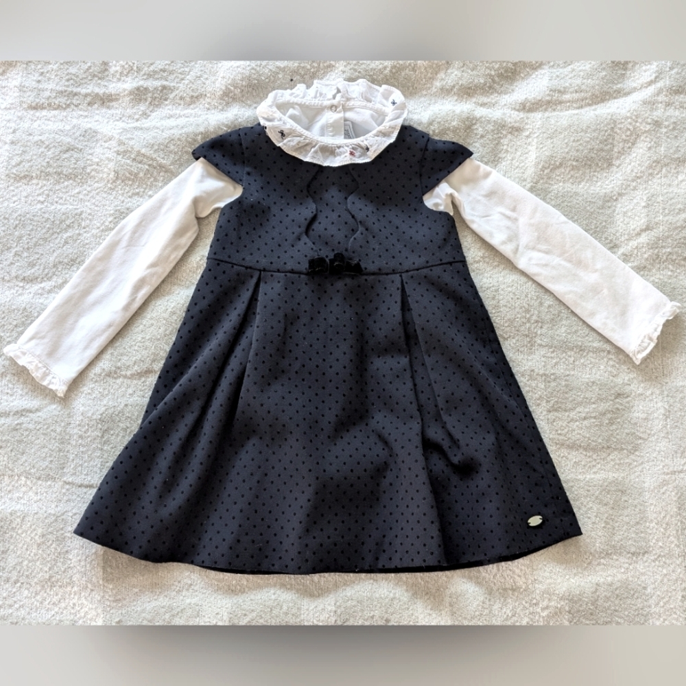 Tartine et Chocolat Chic Black Polka Dot Dress with White Frill CollaredBodysuit